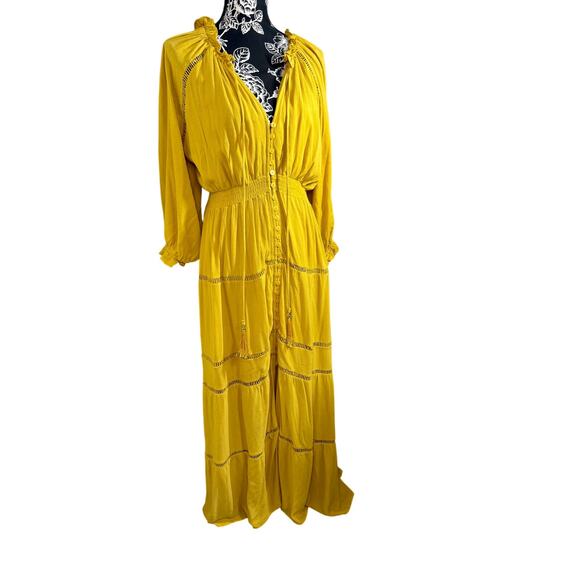 Cottagecore tiered skirt boho peasant maxi dress yellow size M - Picture 1 of 9